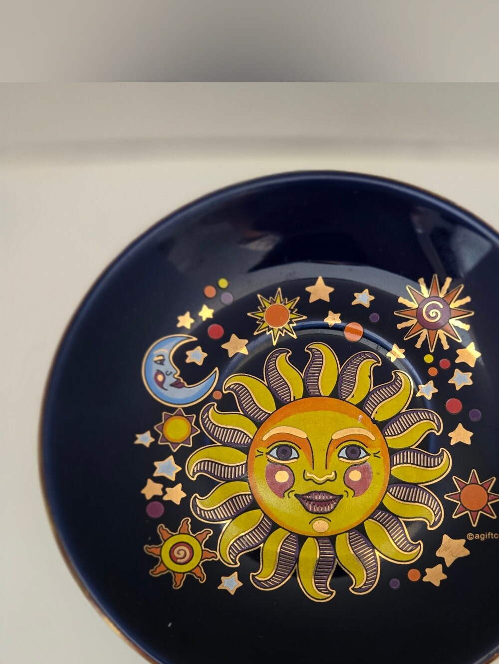 Sun Face Celestial Ceramic Trinket Dish - Blue and Gold Home Art